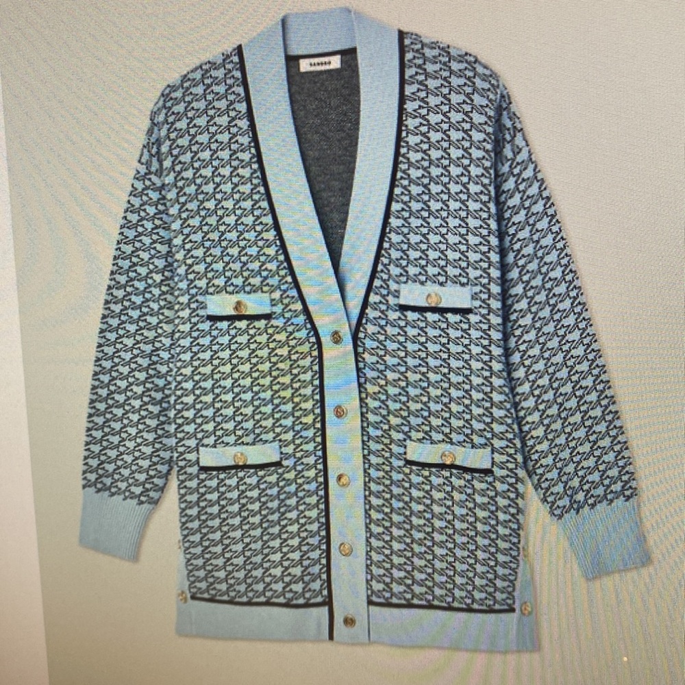Sandro Light Blue Patterned Knit Cardigan with Black Trim - Picture 8 of 9